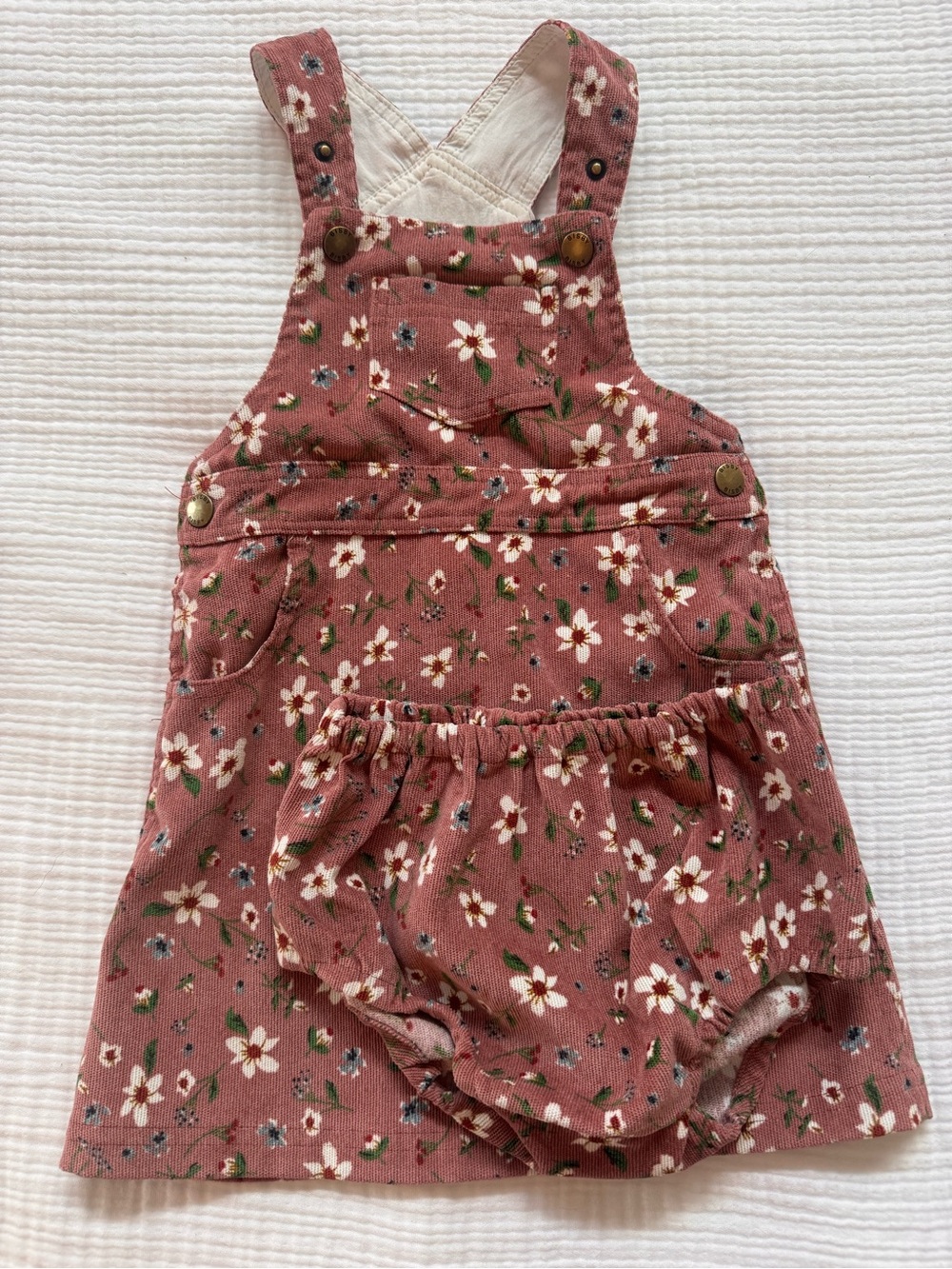Bushy Girls' Corduroy Overall Dress with Blooming Print + bloomers